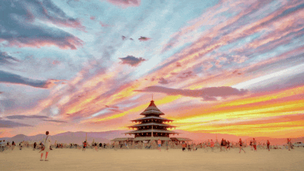 The temple at Burning Man (NFT) at sunset.